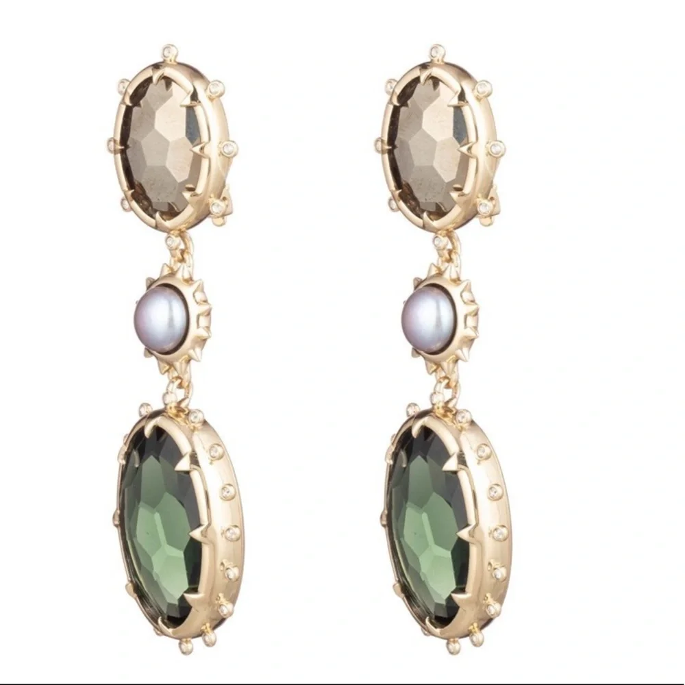 ALEXIS BITTAR • Gold Pearl Green Crystal Multi Stone Clip-on Statement Earrings